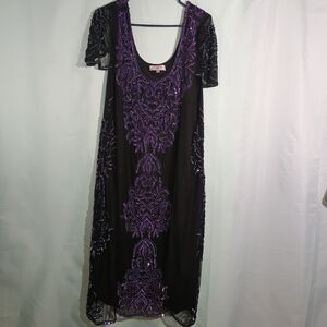 Black Purple Beaded Dress Sheer Overlay Evening Cocktail Formal Dress